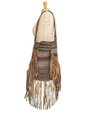 SATINATO Hobo Bag Women’s Brown Multi Fringe Woven Suede Festival
